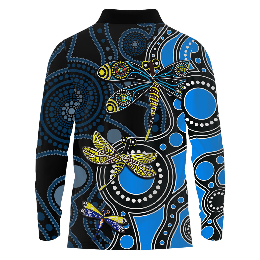 Aboriginal Dragonfly Long Sleeve Polo Shirt Blue Style LT6