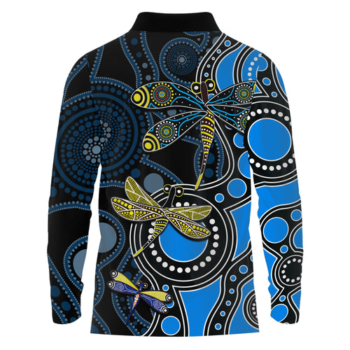 Aboriginal Dragonfly Long Sleeve Polo Shirt Blue Style LT6