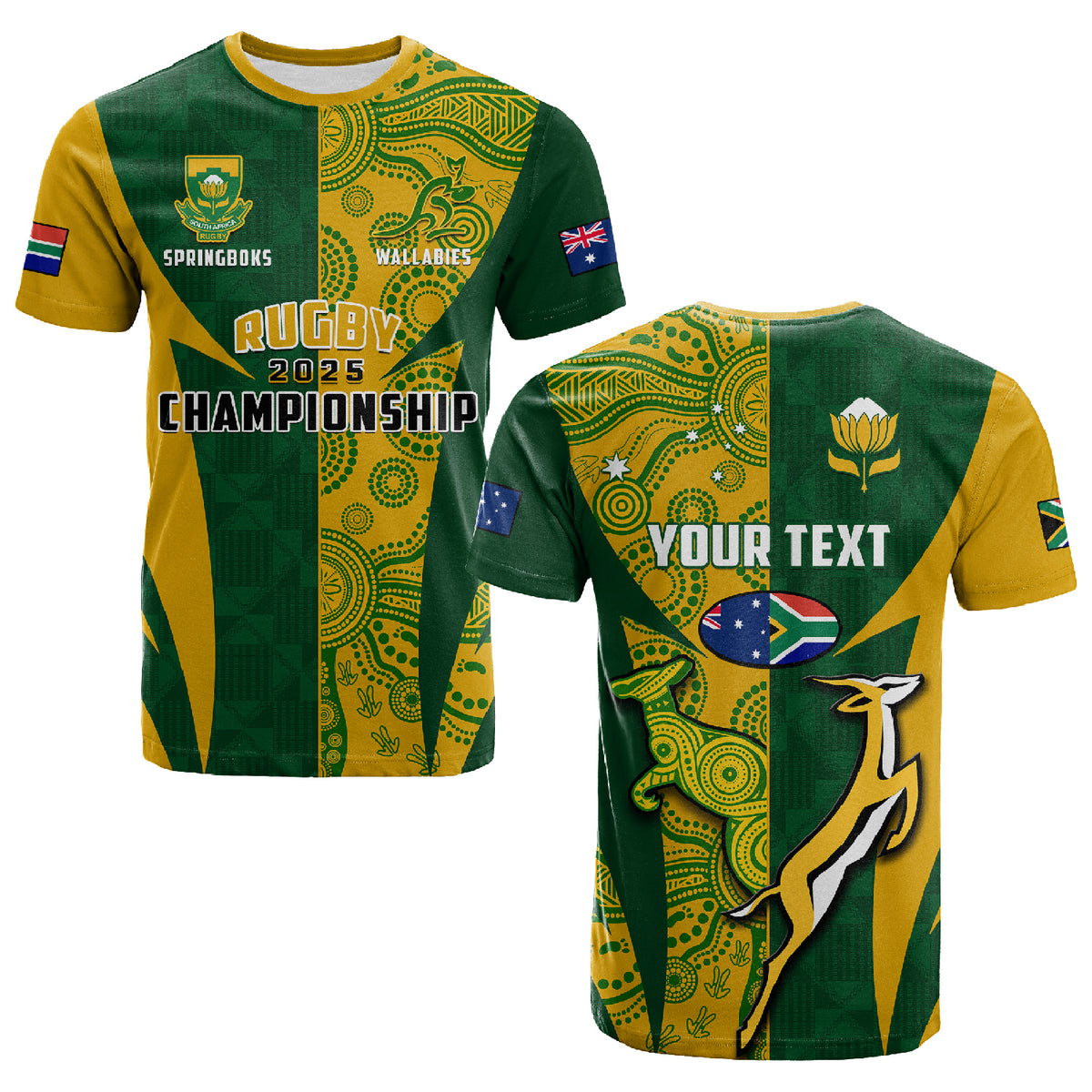 (Custom Personalised) Australia Rugby and South Africa Rugby T Shirt Wallabies Mix Springboks Sporty LT14