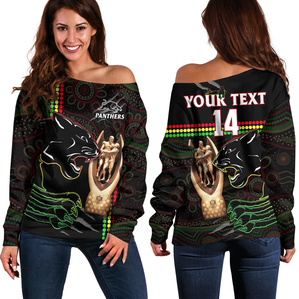 (Custom Personalised) Panthers Rugby Off Shoulder Sweater The Riff 2022 Premiers Aboriginal Art LT14