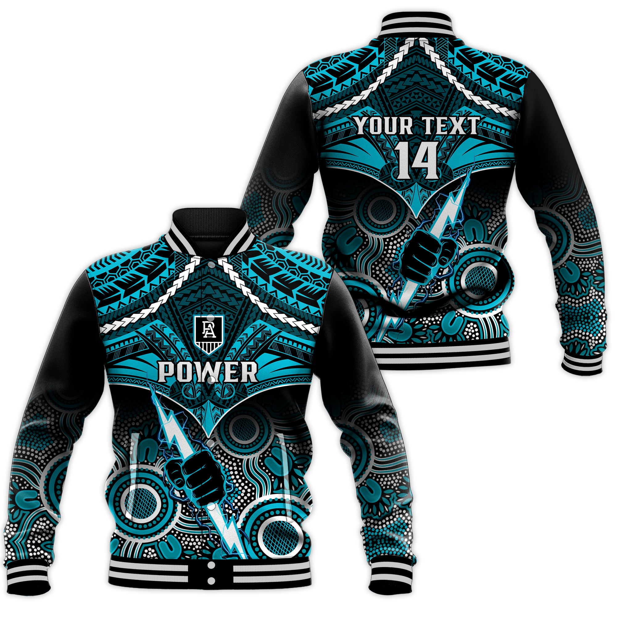 Personalised Port Adelaide Football Baseball Jacket Power Aboriginal Mix Polynesian Pattern LT14