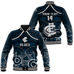 Personalised Carlton Football Baseball Jacket Blues Aboriginal Mix Polynesian Pattern LT14