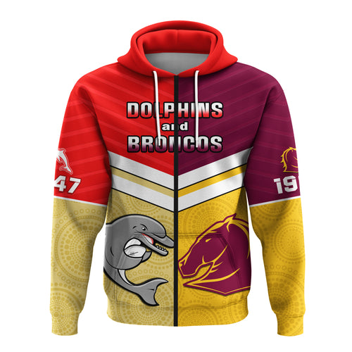 (Custom Text And Number) Dolphins Mix Broncos Rugby Hoodie Indigenous Art LT14