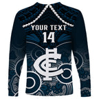 Personalised Carlton Football Long Sleeve Shirt Blues Aboriginal Mix Polynesian Pattern LT14