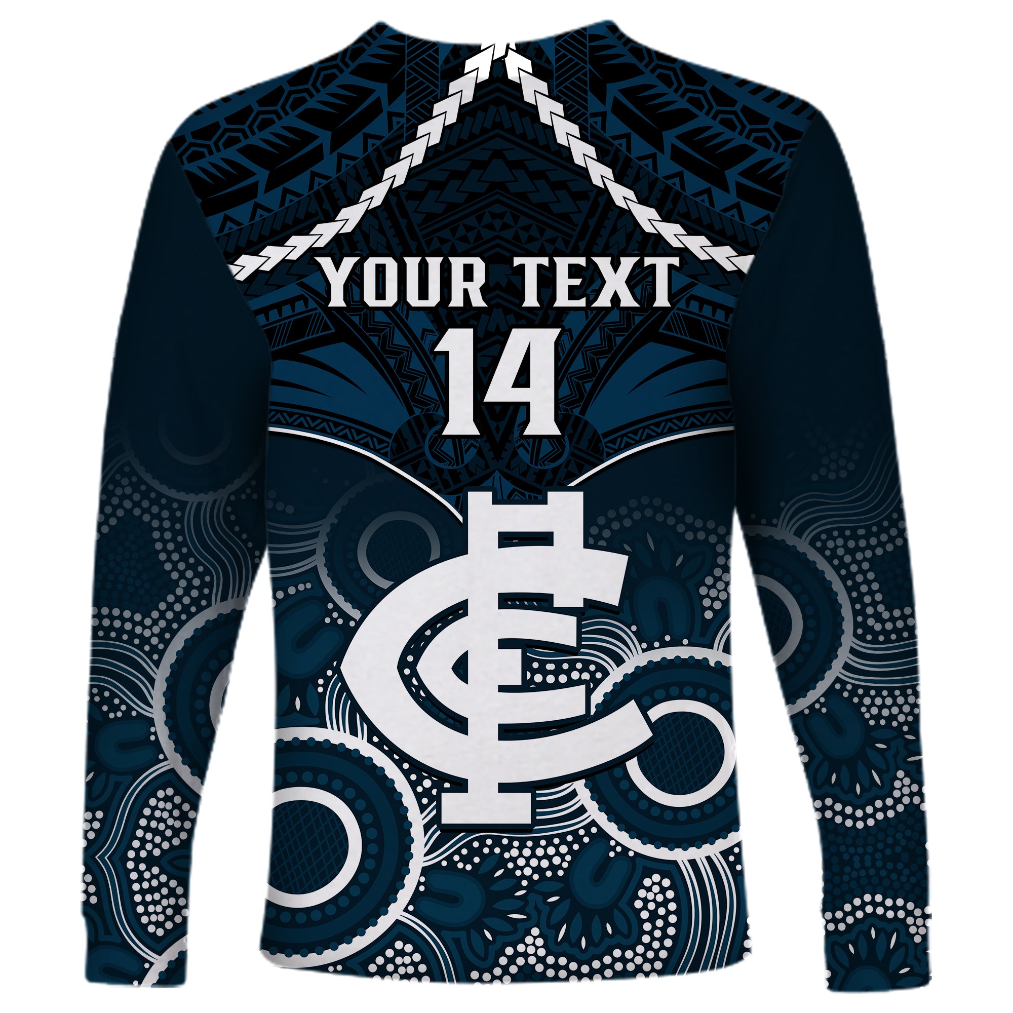 Personalised Carlton Football Long Sleeve Shirt Blues Aboriginal Mix Polynesian Pattern LT14