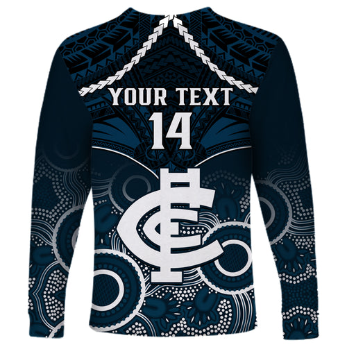 Personalised Carlton Football Long Sleeve Shirt Blues Aboriginal Mix Polynesian Pattern LT14