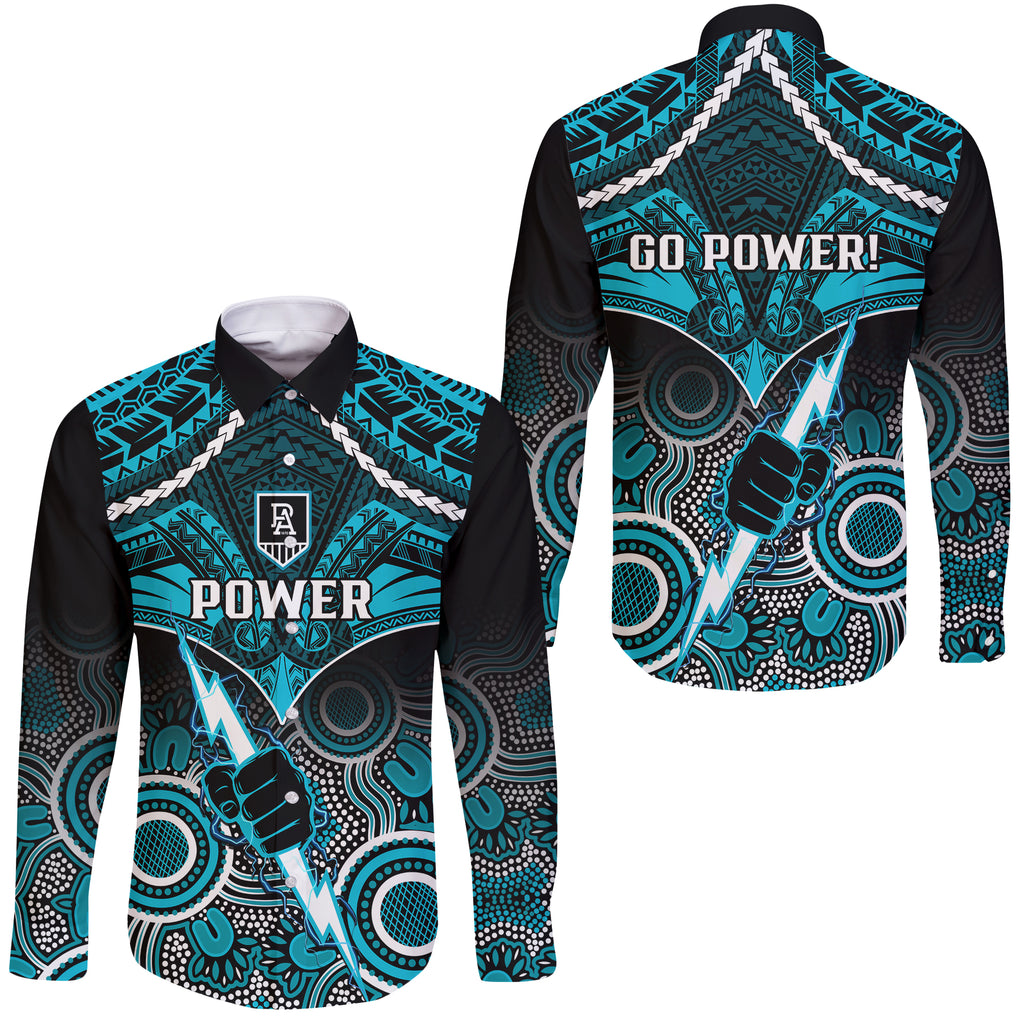Port Adelaide Football Long Sleeve Button Shirt Power Aboriginal Mix Polynesian Pattern LT14