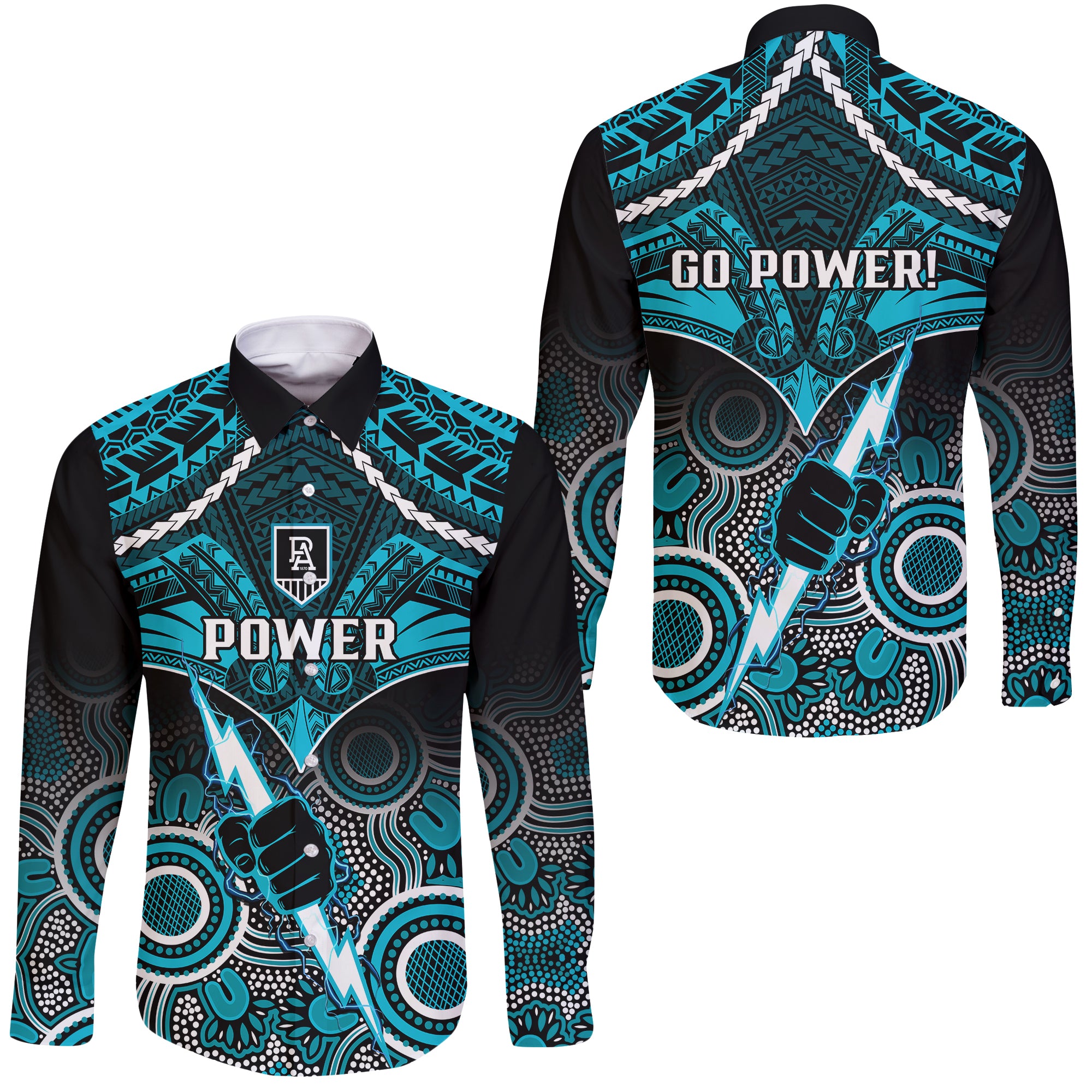 Port Adelaide Football Long Sleeve Button Shirt Power Aboriginal Mix Polynesian Pattern LT14