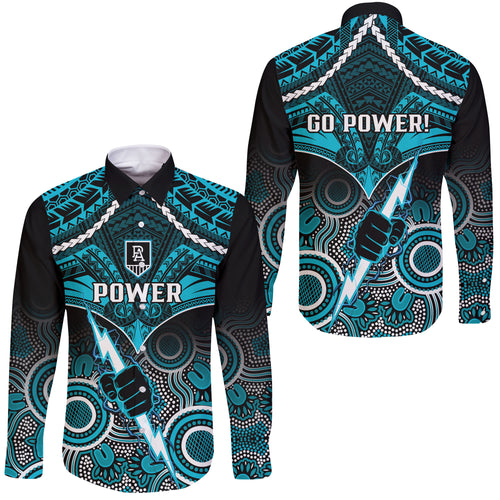 Port Adelaide Football Long Sleeve Button Shirt Power Aboriginal Mix Polynesian Pattern LT14