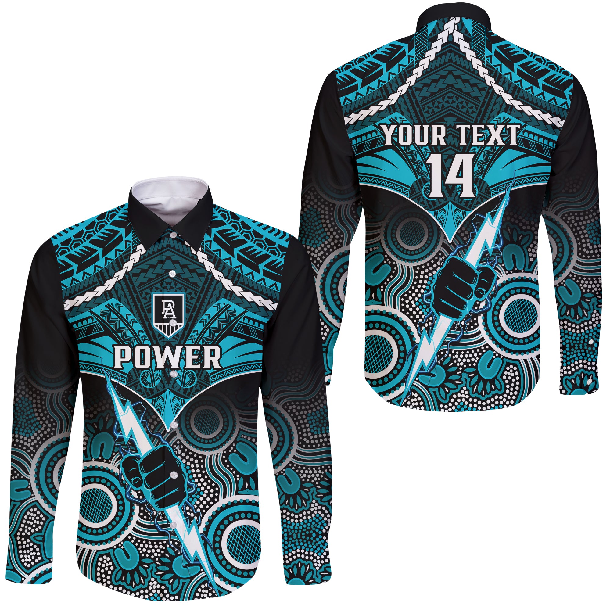 Personalised Port Adelaide Football Long Sleeve Button Shirt Power Aboriginal Mix Polynesian Pattern LT14