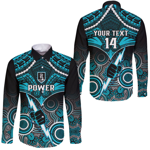 Personalised Port Adelaide Football Long Sleeve Button Shirt Power Aboriginal Mix Polynesian Pattern LT14