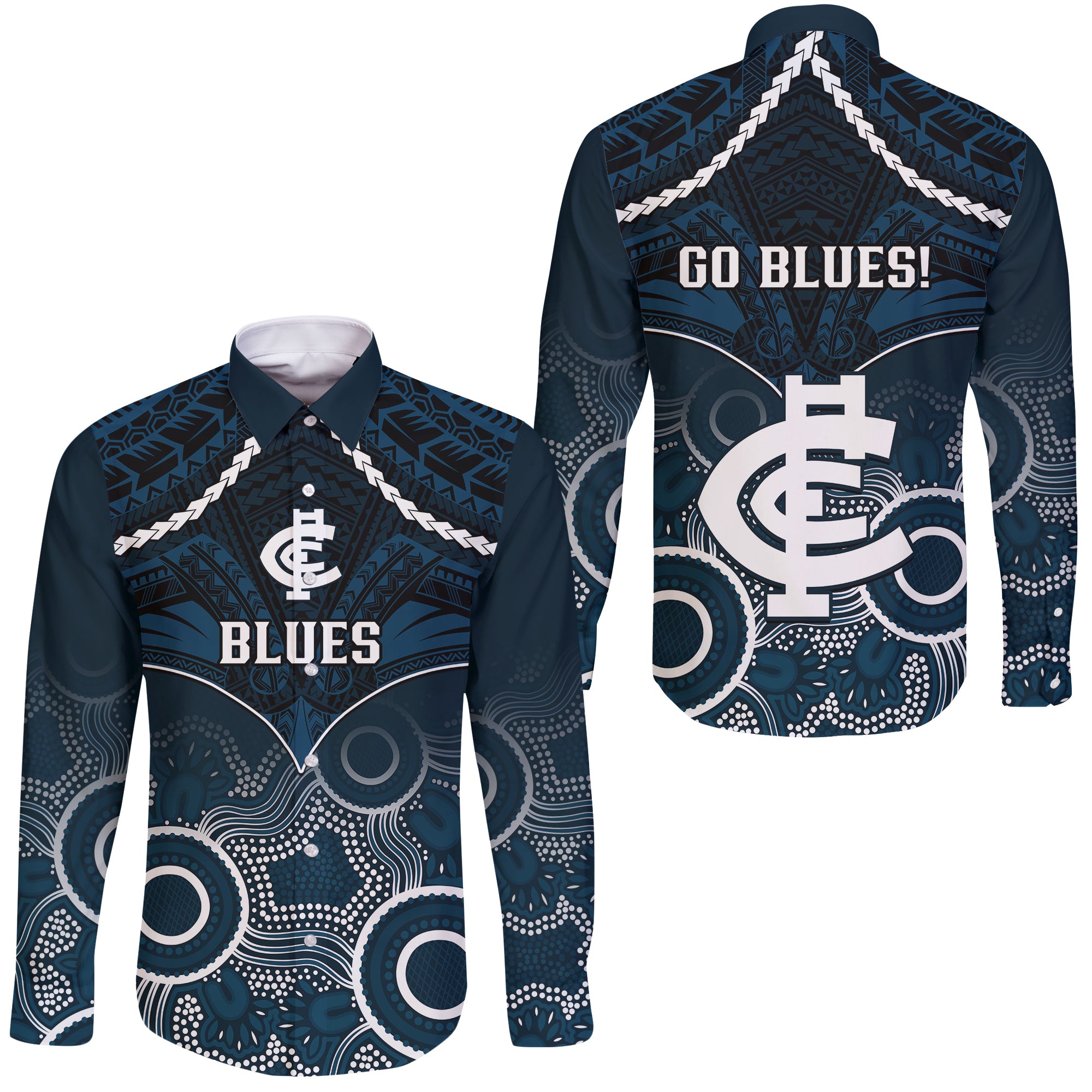 Carlton Football Long Sleeve Button Shirt Blues Aboriginal Mix Polynesian Pattern LT14