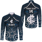 Personalised Carlton Football Long Sleeve Button Shirt Blues Aboriginal Mix Polynesian Pattern LT14
