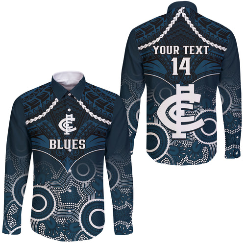 Personalised Carlton Football Long Sleeve Button Shirt Blues Aboriginal Mix Polynesian Pattern LT14