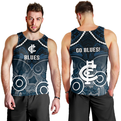 Carlton Football Men Tank Top Blues Aboriginal Mix Polynesian Pattern LT14