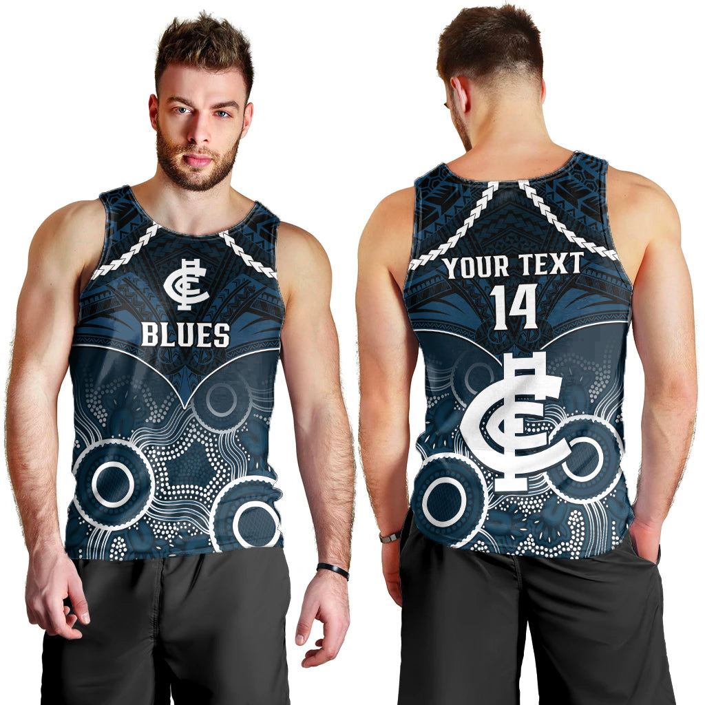 Personalised Carlton Football Men Tank Top Blues Aboriginal Mix Polynesian Pattern LT14