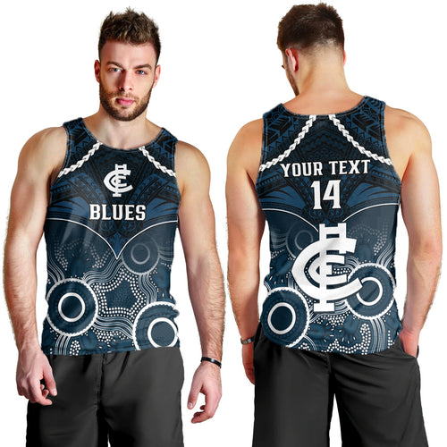 Personalised Carlton Football Men Tank Top Blues Aboriginal Mix Polynesian Pattern LT14