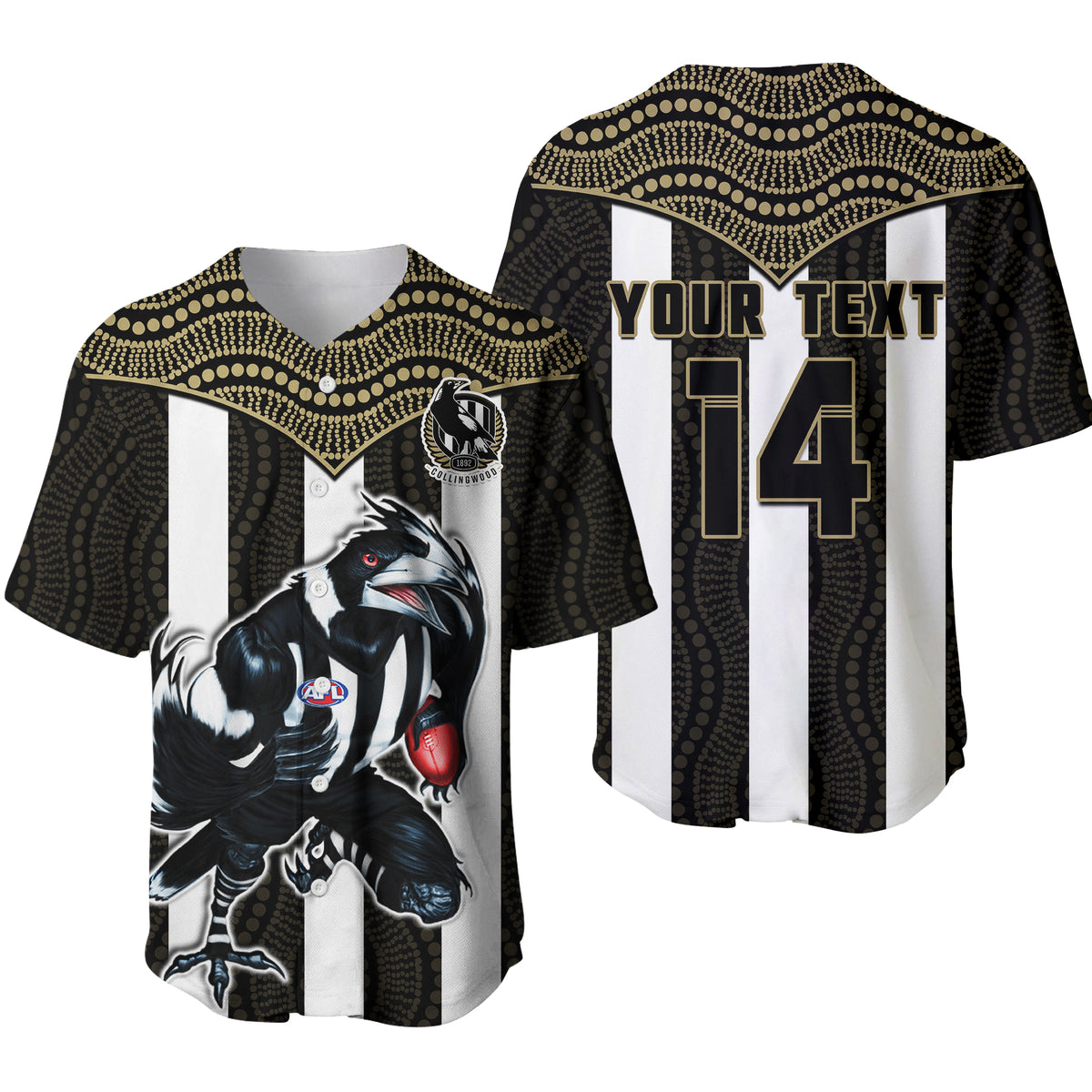 (Custom Text And Number) Magpies Football Baseball Jersey Collingwood 1892 Indigenous Sporty Style LT14