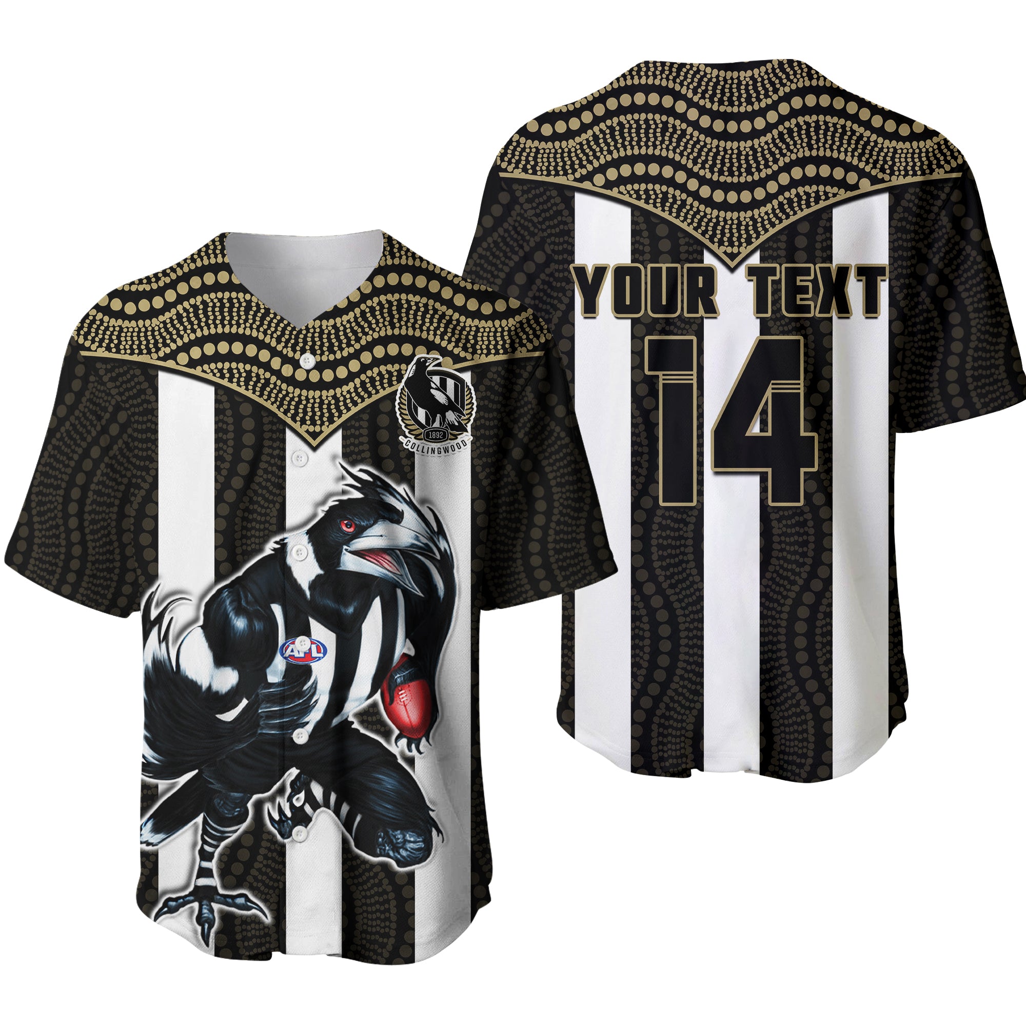 (Custom Text And Number) Magpies Football Baseball Jersey Collingwood 1892 Indigenous Sporty Style LT14
