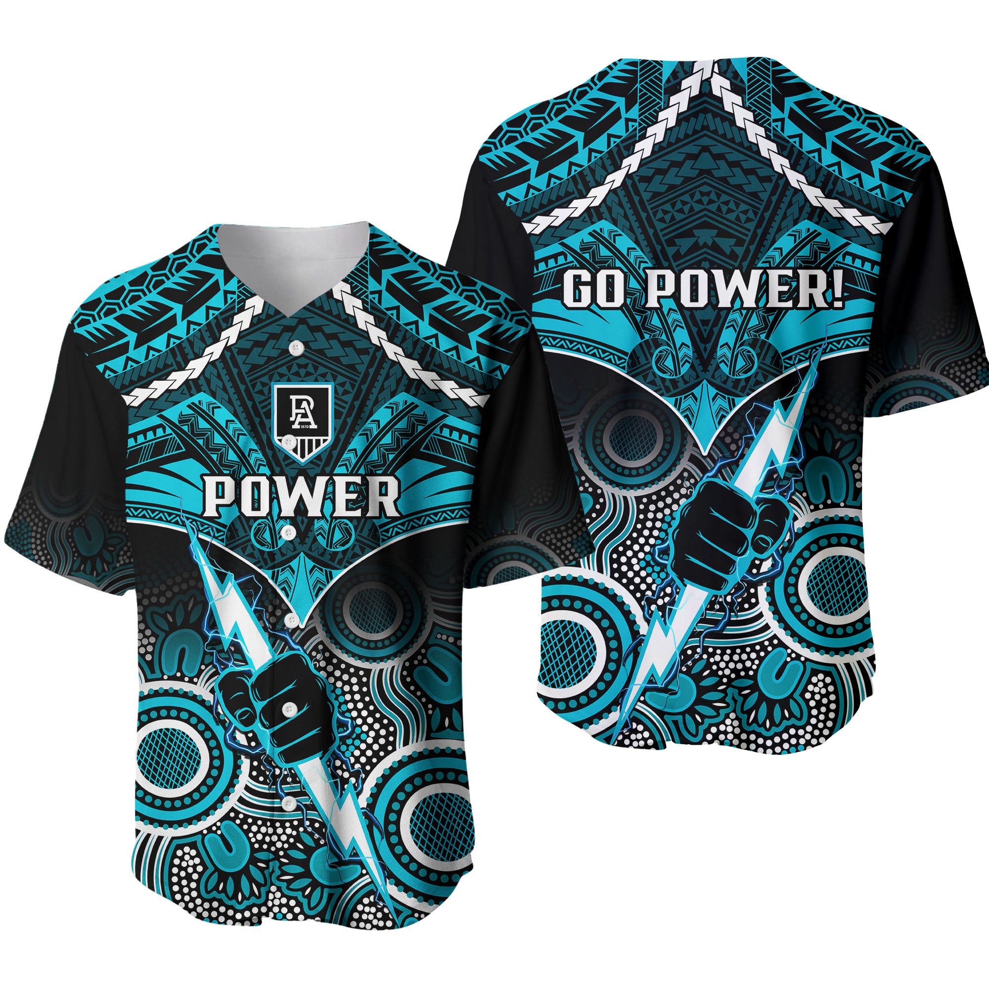 Port Adelaide Football Baseball Jersey Power Aboriginal Mix Polynesian Pattern LT14
