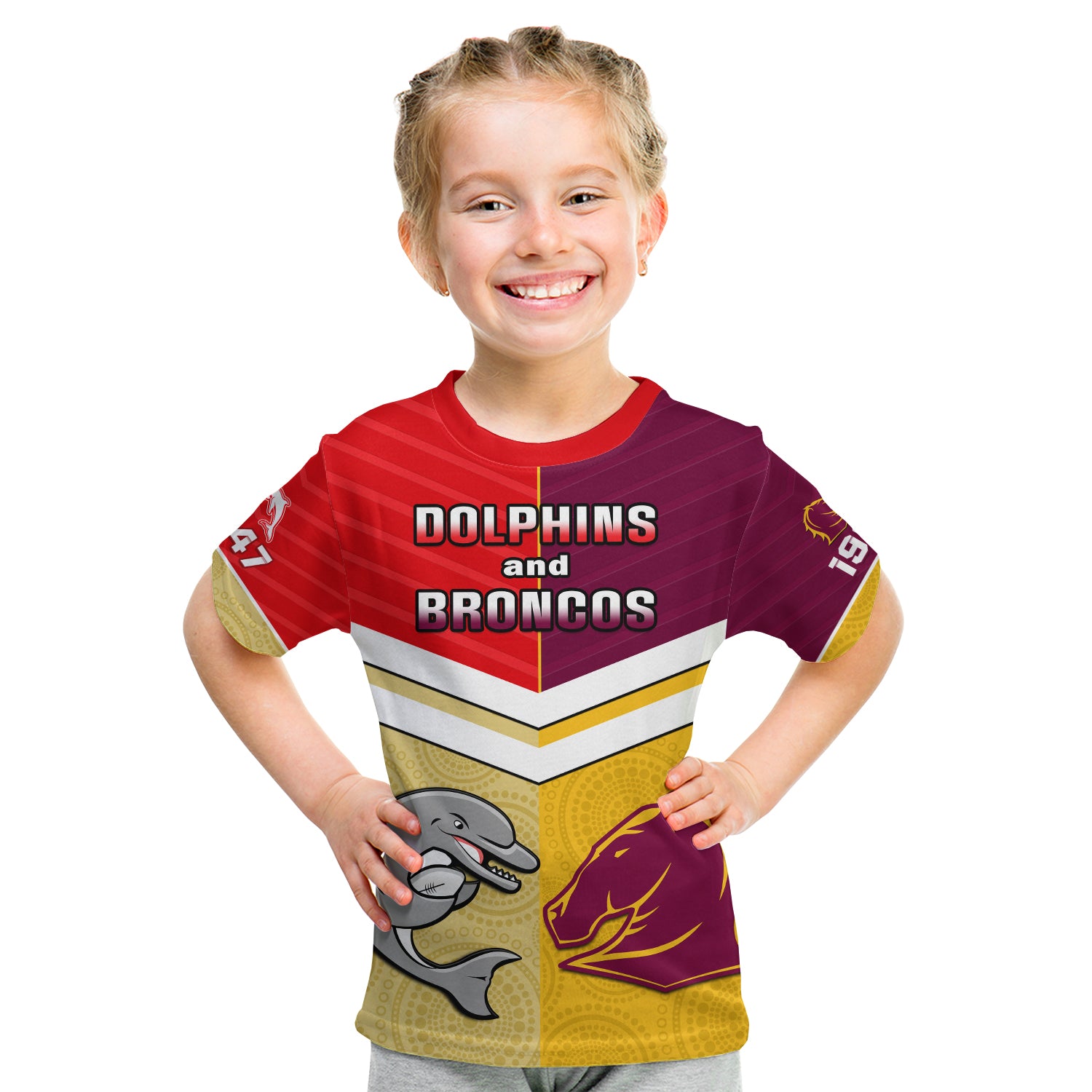 (Custom Text And Number) Dolphins Mix Broncos Rugby T Shirt Indigenous Art LT14