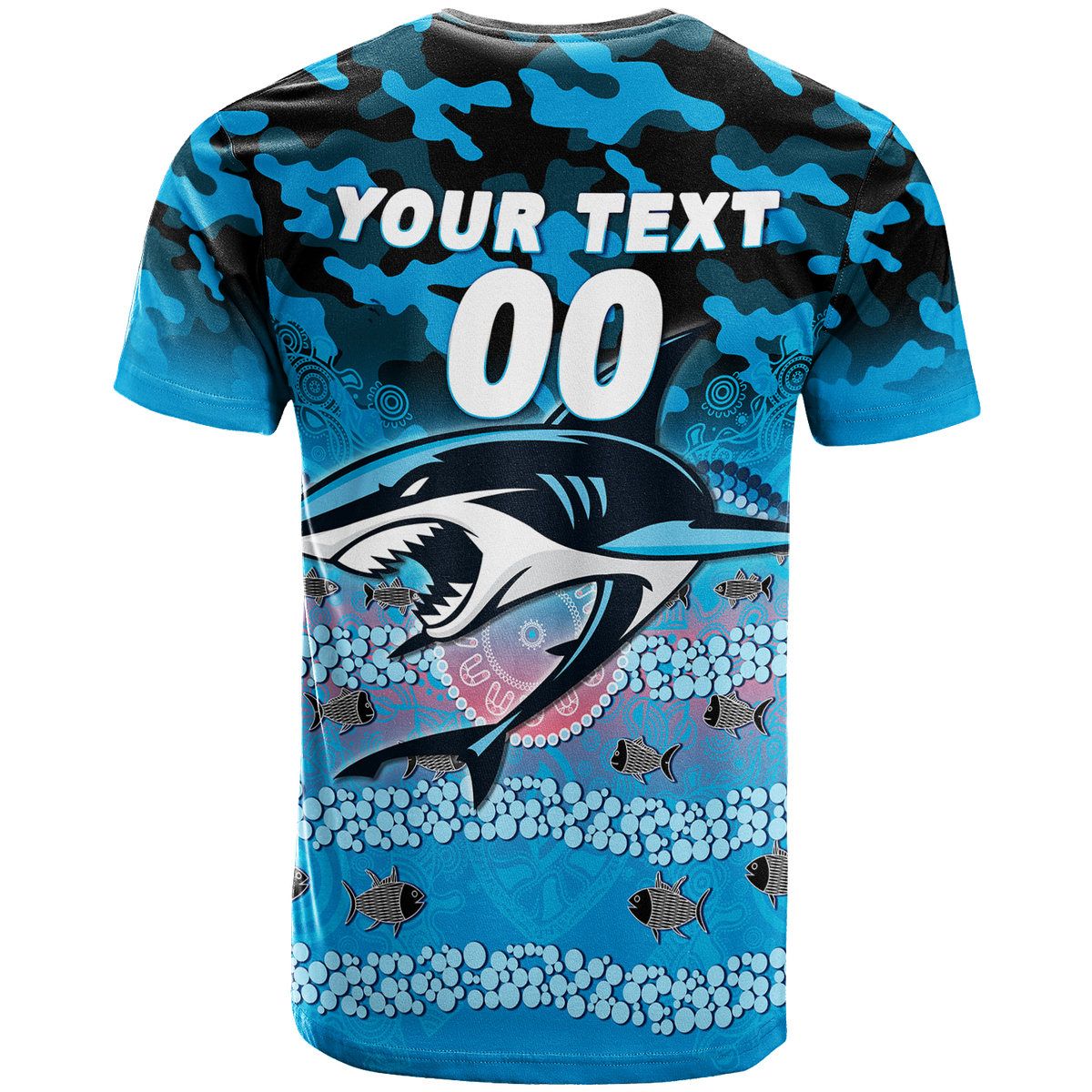 (Custom Personalised) Sharks Rugby ANZAC Day Camouflage Indigenous Art T-Shirt - LT12