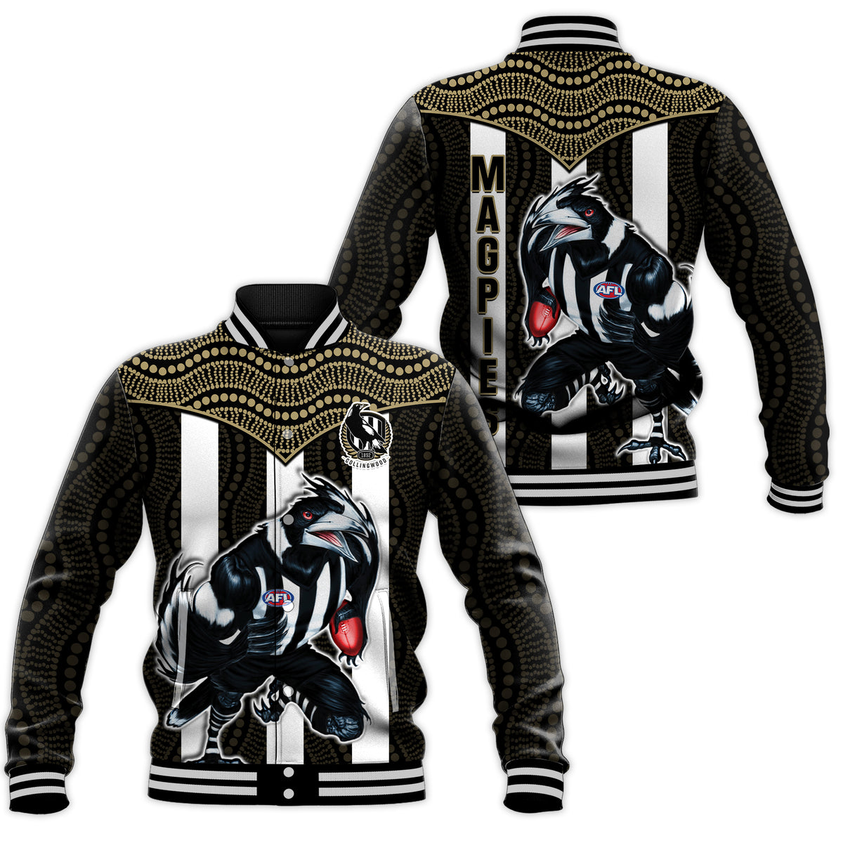 Magpies Football Baseball Jacket Collingwood 1892 Indigenous Sporty Style LT14