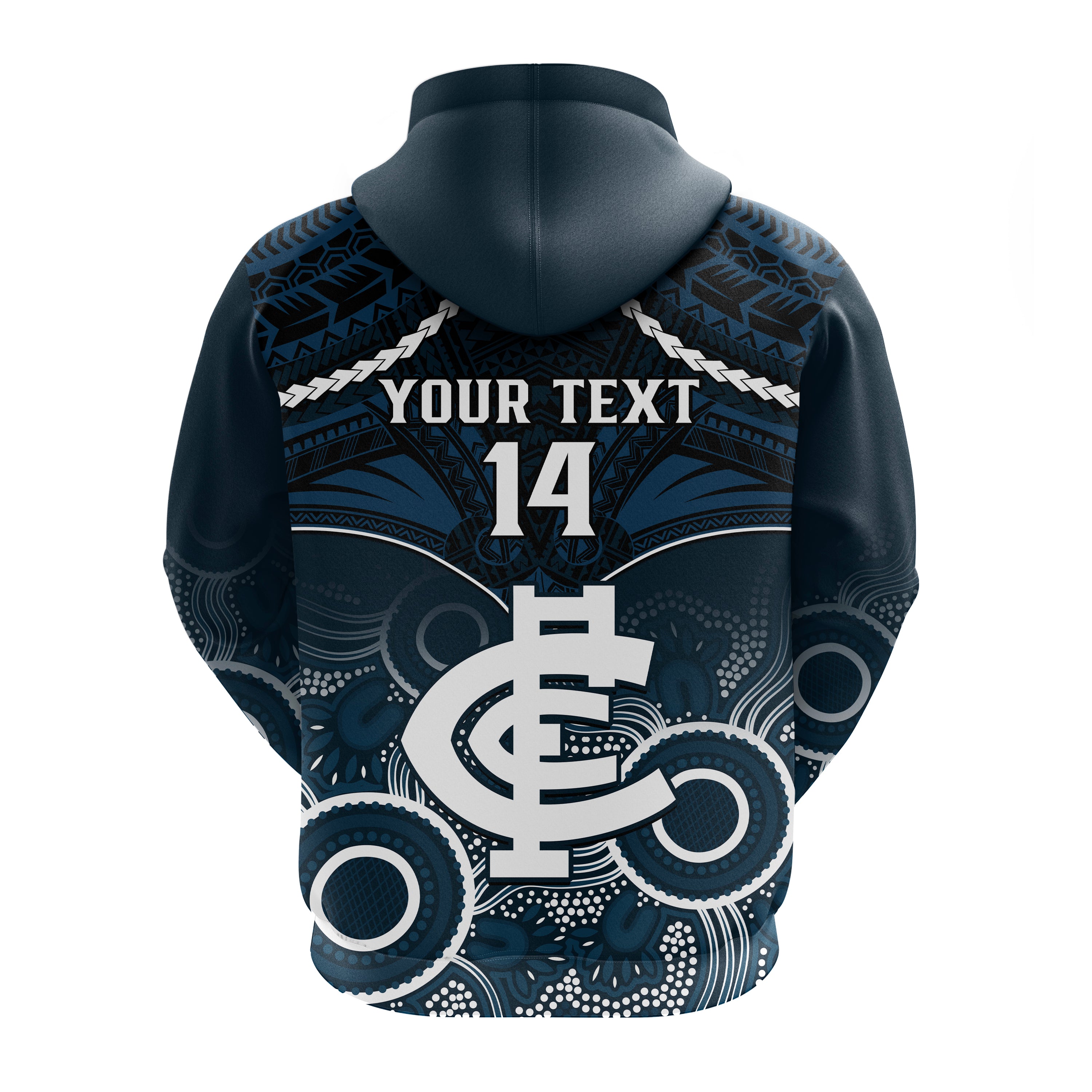 Personalised Carlton Football Hoodie Blues Aboriginal Mix Polynesian Pattern LT14