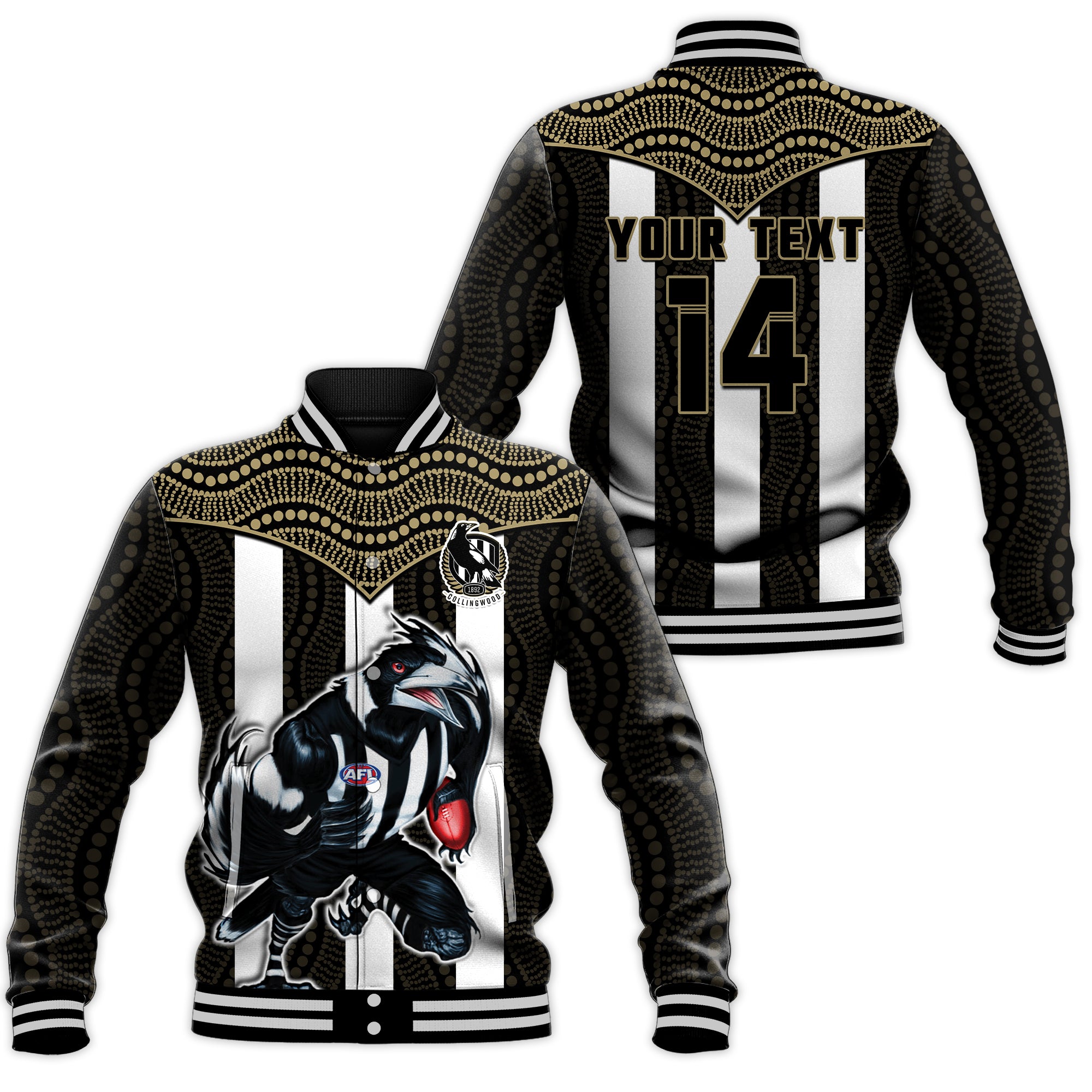 (Custom Text And Number) Magpies Football Baseball Jacket Collingwood 1892 Indigenous Sporty Style LT14