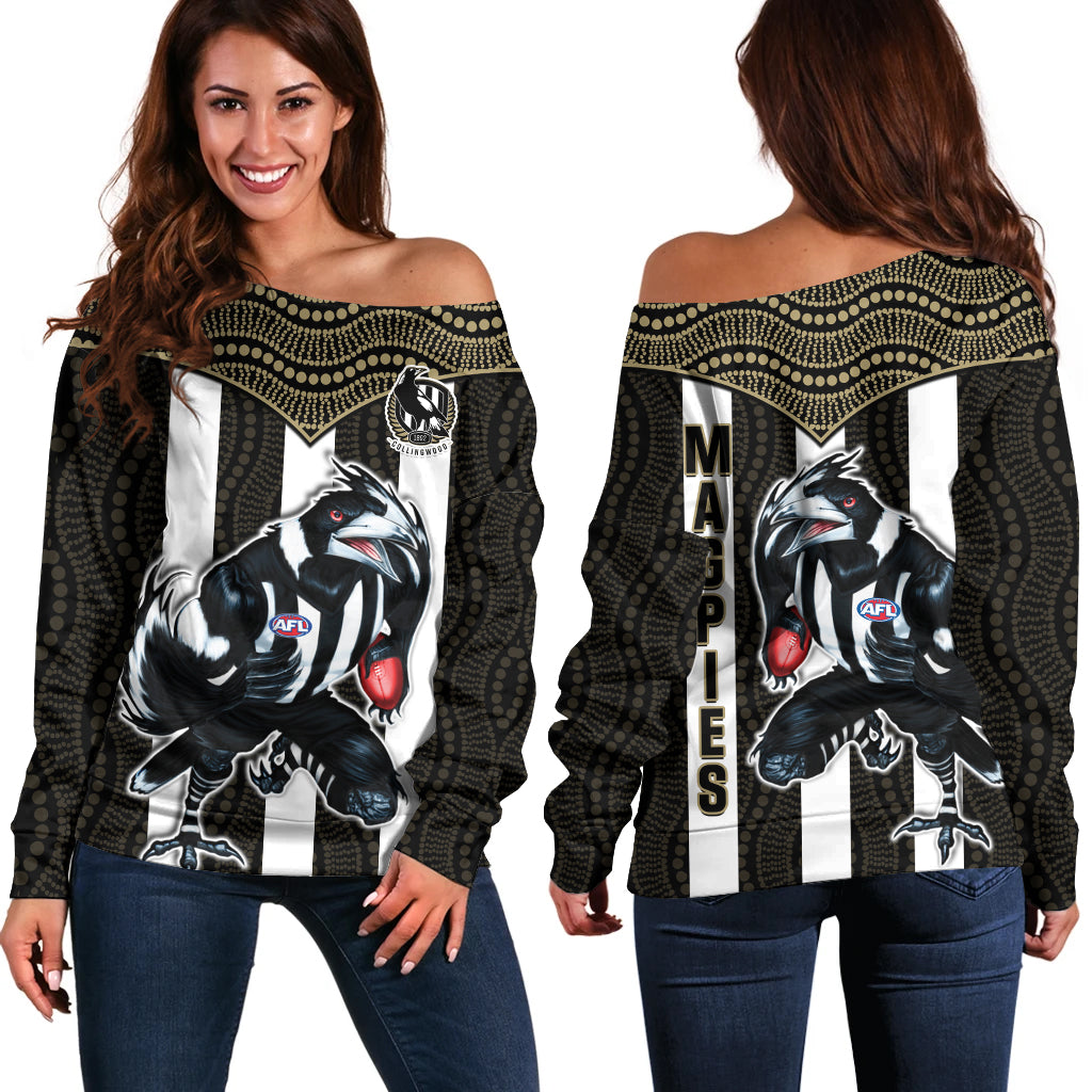 Magpies Football Off Shoulder Sweater Collingwood 1892 Indigenous Sporty Style LT14