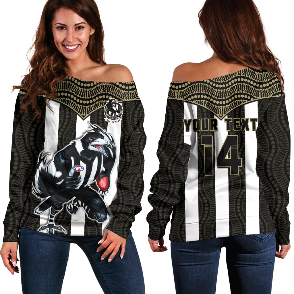 (Custom Text And Number) Magpies Football Off Shoulder Sweater Collingwood 1892 Indigenous Sporty Style LT14