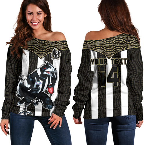 (Custom Text And Number) Magpies Football Off Shoulder Sweater Collingwood 1892 Indigenous Sporty Style LT14