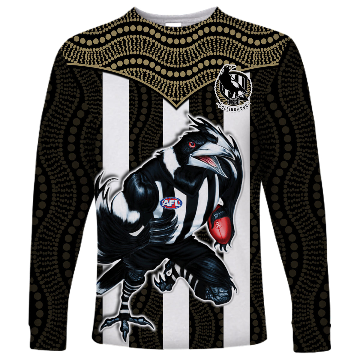 Magpies Football Long Sleeve Shirt Collingwood 1892 Indigenous Sporty Style LT14