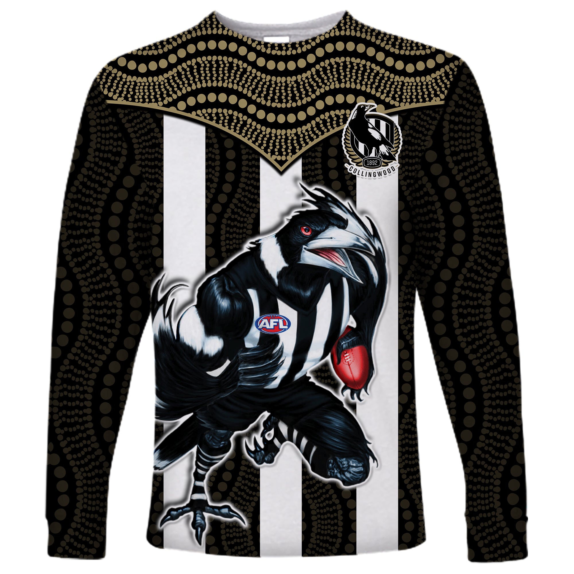 Magpies Football Long Sleeve Shirt Collingwood 1892 Indigenous Sporty Style LT14