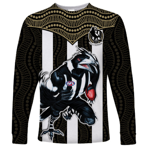 (Custom Text And Number) Magpies Football Long Sleeve Shirt Collingwood 1892 Indigenous Sporty Style LT14