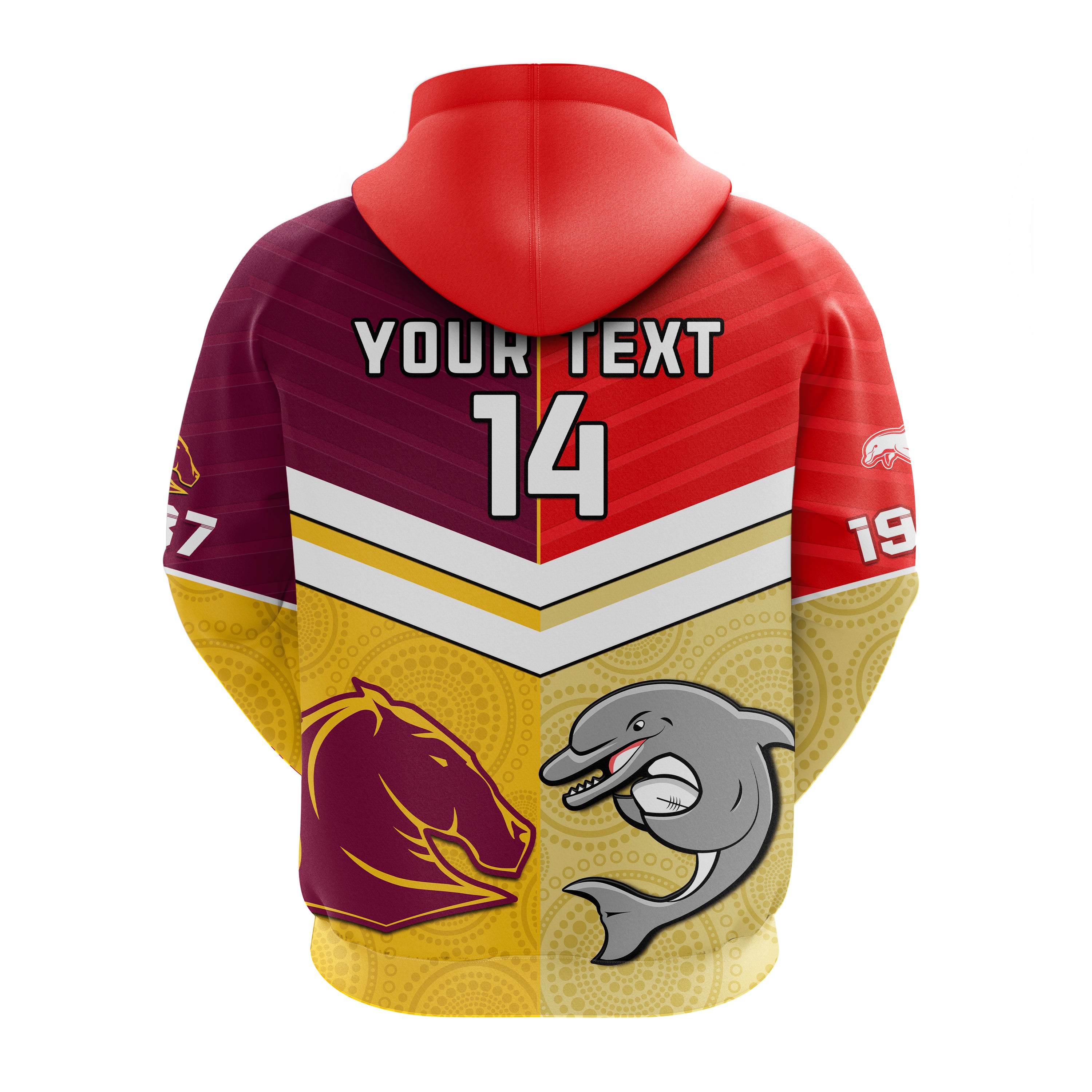 (Custom Text And Number) Dolphins Mix Broncos Rugby Hoodie Indigenous Art LT14