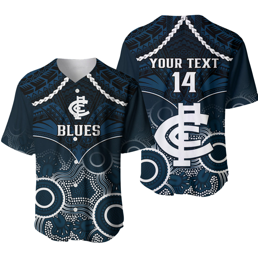 Personalised Carlton Football Baseball Jersey Blues Aboriginal Mix Polynesian Pattern LT14