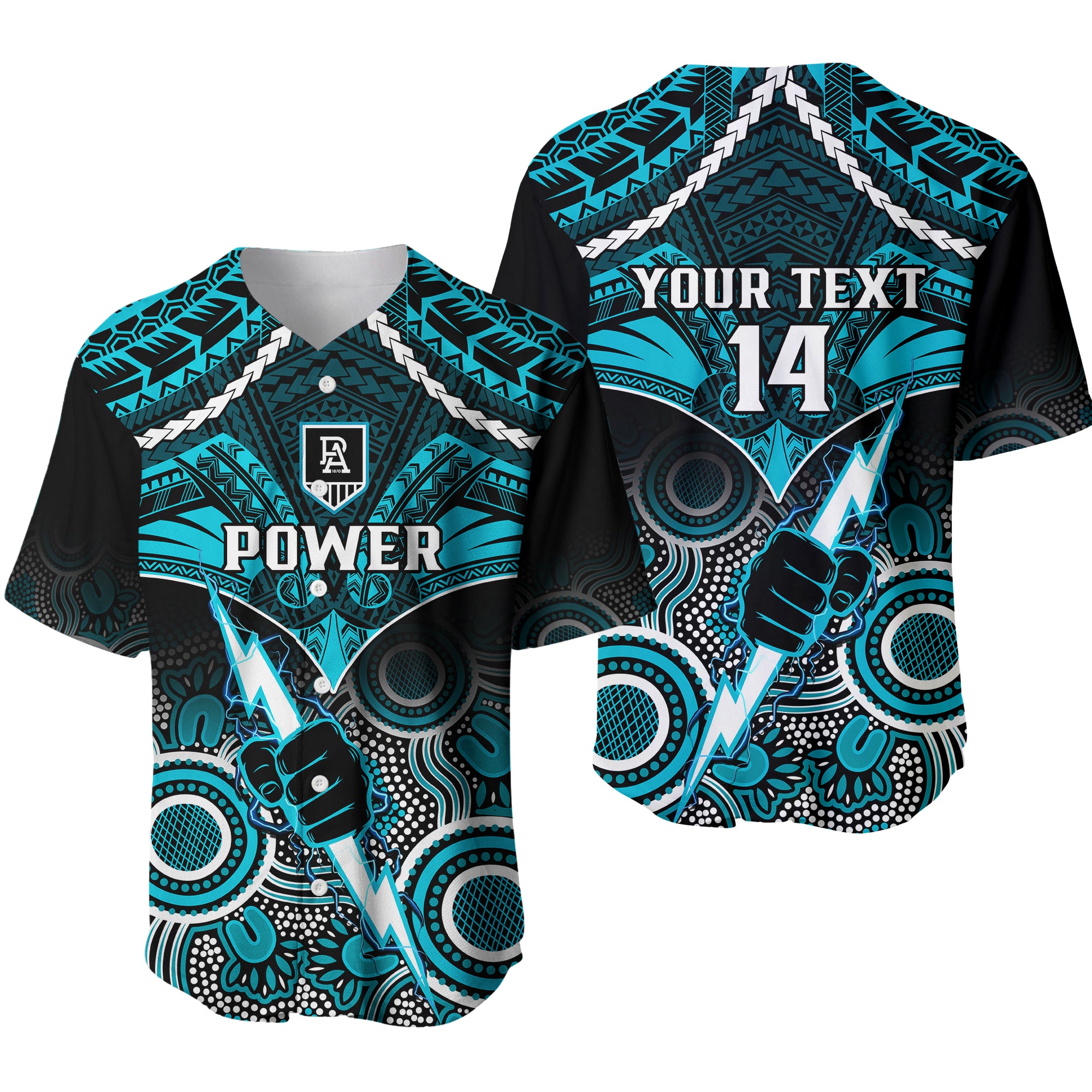 Personalised Port Adelaide Football Baseball Jersey Power Aboriginal Mix Polynesian Pattern LT14