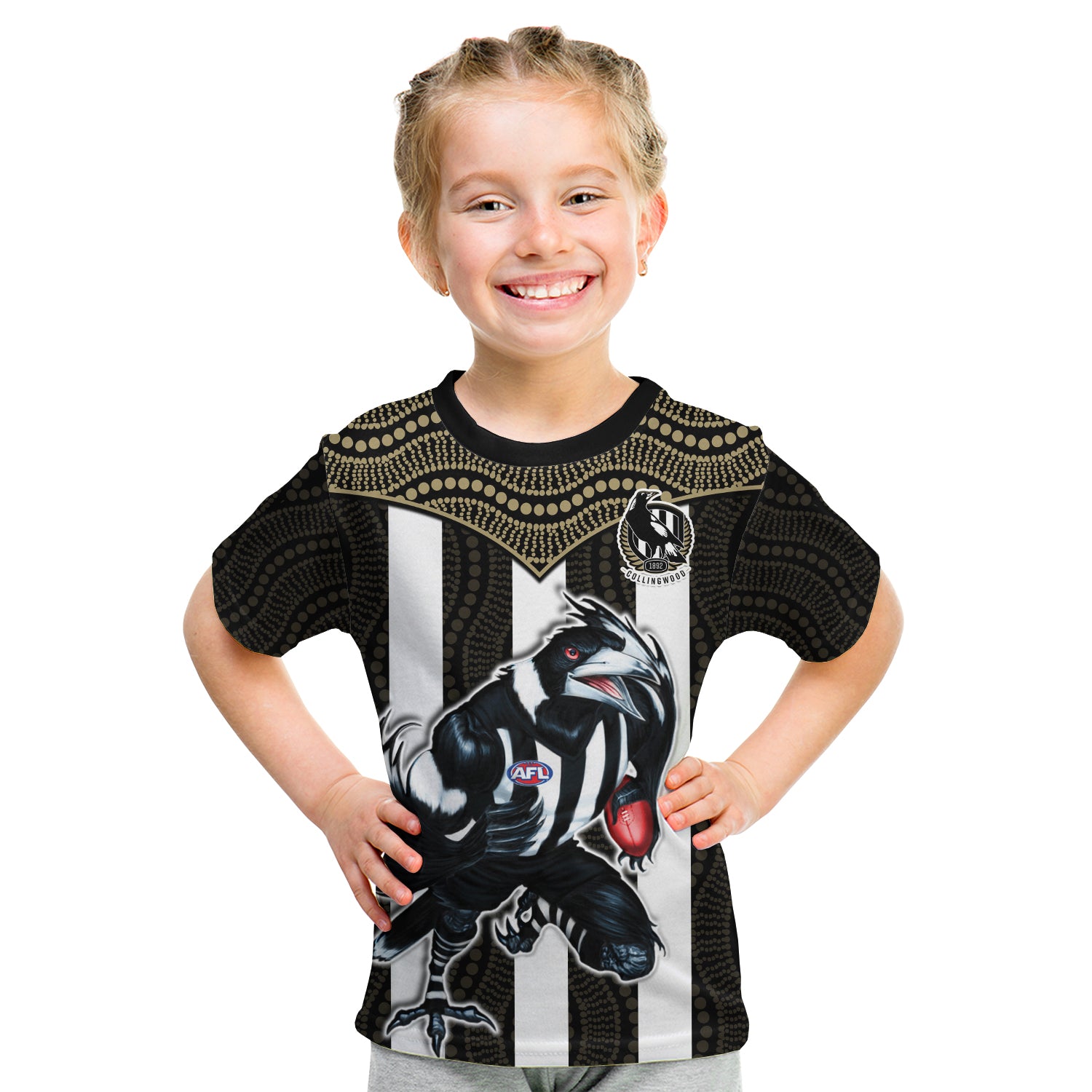 (Custom Text And Number) Magpies Football T Shirt KID Collingwood 1892 Indigenous Sporty Style LT14