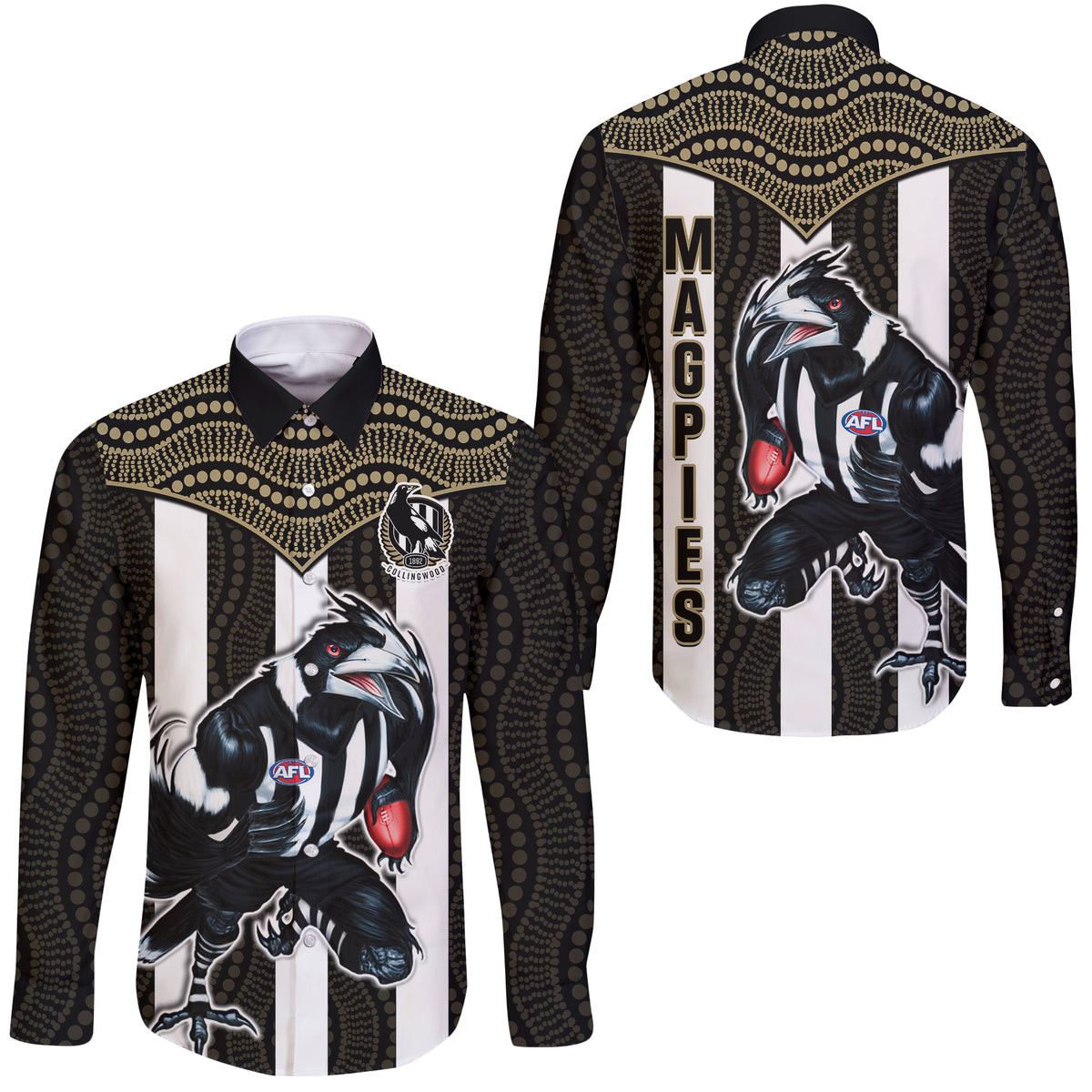 Magpies Football Long Sleeve Button Shirt Collingwood 1892 Indigenous Sporty Style LT14