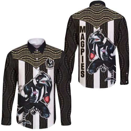 Magpies Football Long Sleeve Button Shirt Collingwood 1892 Indigenous Sporty Style LT14