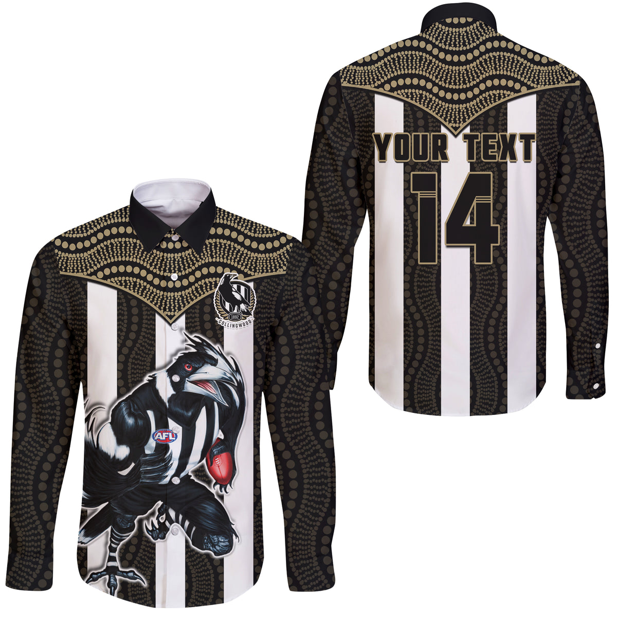 (Custom Text And Number) Magpies Football Long Sleeve Button Shirt Collingwood 1892 Indigenous Sporty Style LT14