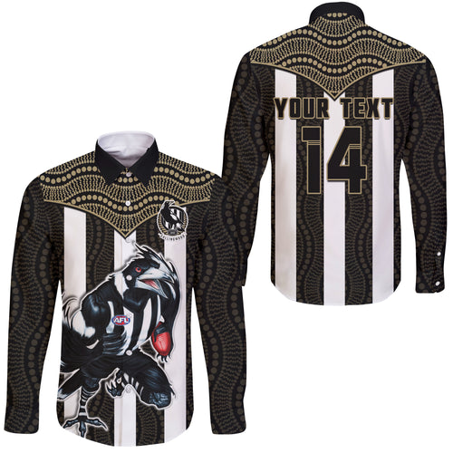(Custom Text And Number) Magpies Football Long Sleeve Button Shirt Collingwood 1892 Indigenous Sporty Style LT14