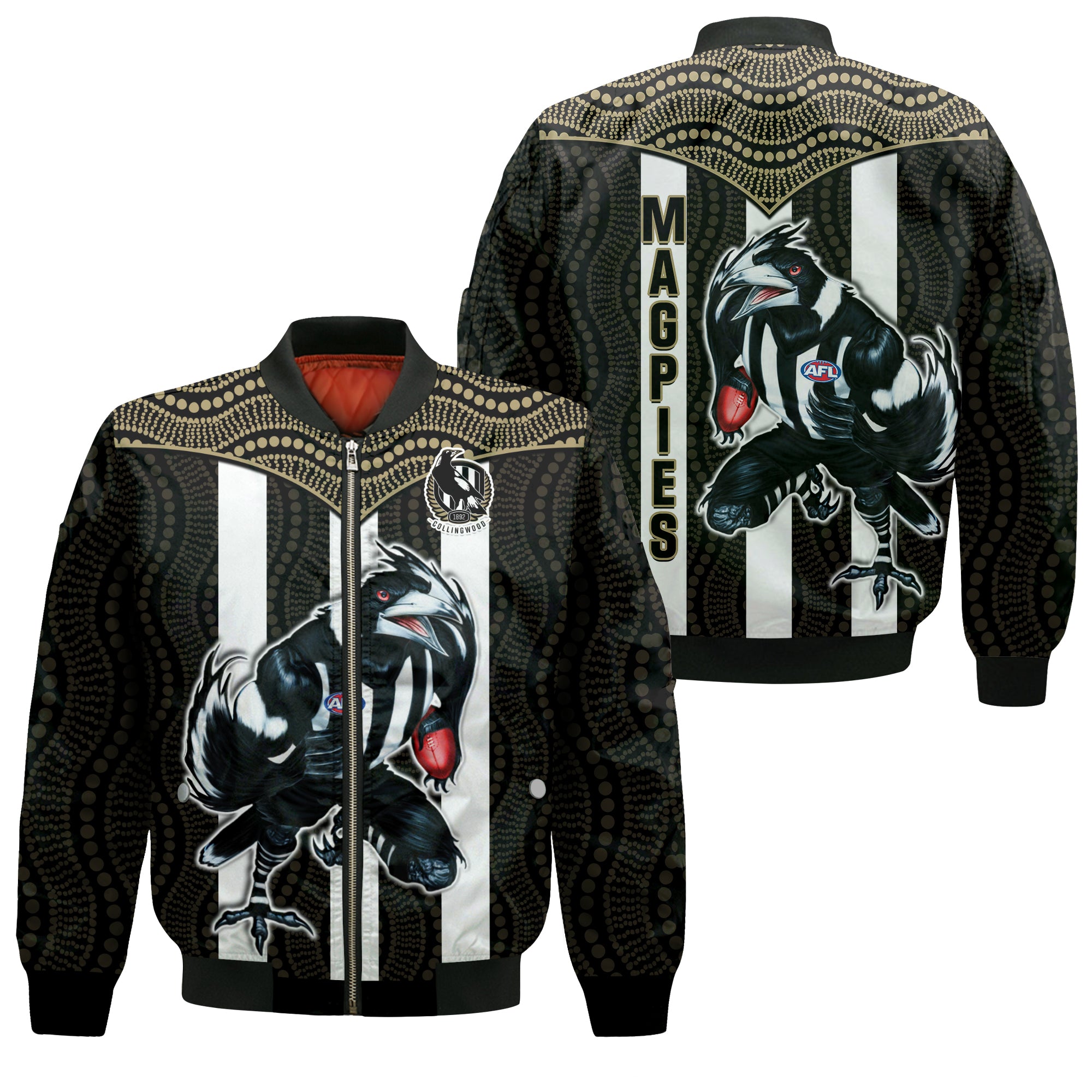 Magpies Football Bomber Jacket Collingwood 1892 Indigenous Sporty Style LT14