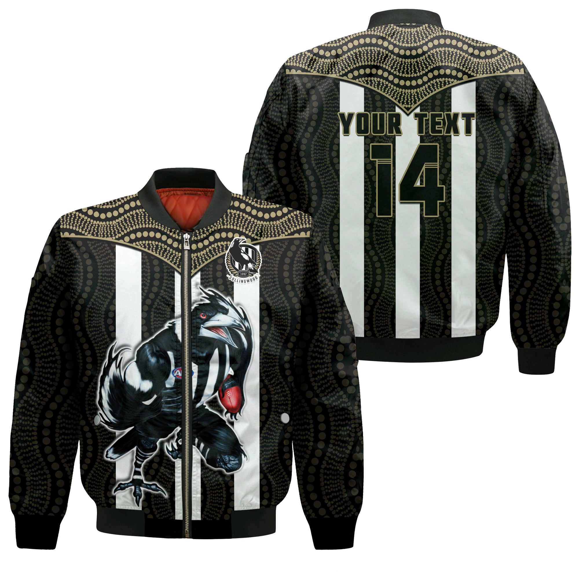 (Custom Text And Number) Magpies Football Bomber Jacket Collingwood 1892 Indigenous Sporty Style LT14