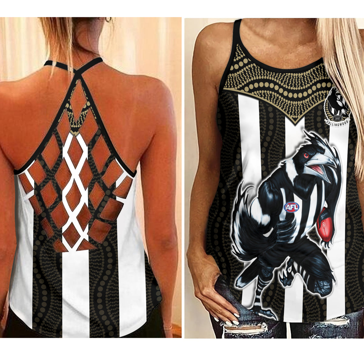 Magpies Football Criss Cross Tank Top Collingwood 1892 Indigenous Sporty Style LT14