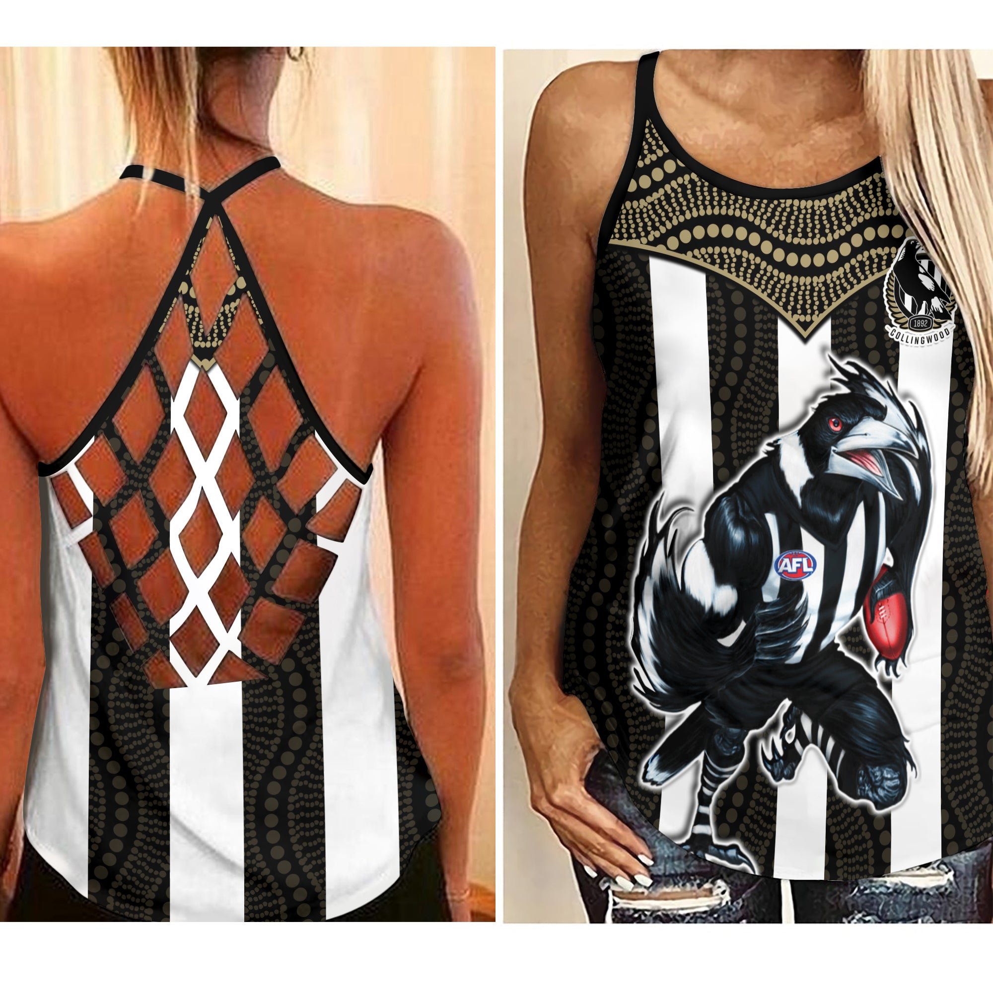 Magpies Football Criss Cross Tank Top Collingwood 1892 Indigenous Sporty Style LT14