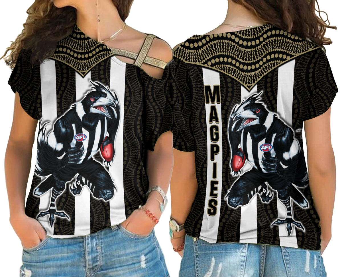 Magpies Football Cross Shoulder Shirt Collingwood 1892 Indigenous Sporty Style LT14