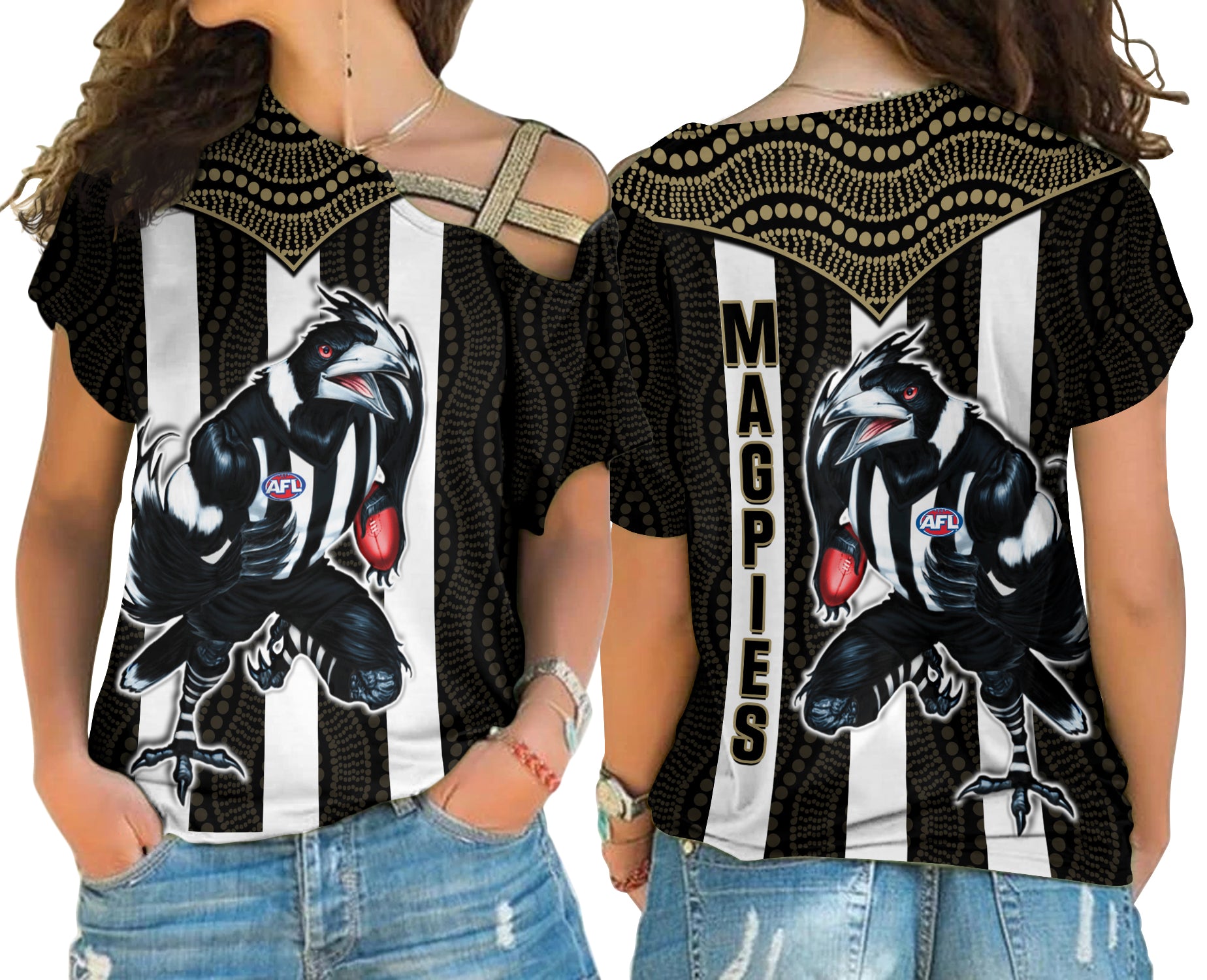 Magpies Football Cross Shoulder Shirt Collingwood 1892 Indigenous Sporty Style LT14