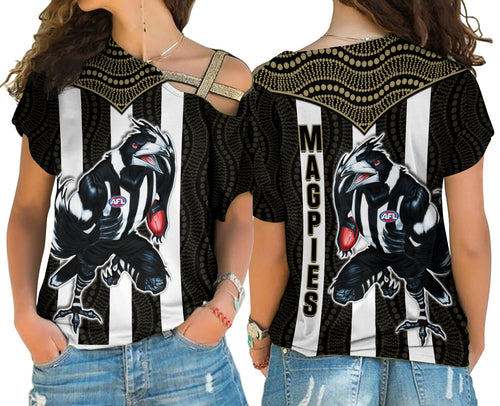 Magpies Football Cross Shoulder Shirt Collingwood 1892 Indigenous Sporty Style LT14